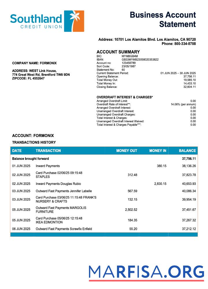 Blank USA California Southland Credit Union business checking account statement Word and PDF template
